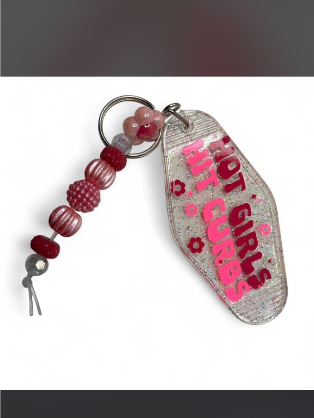 Pink 'Hot Girls Hit Curbs' Acrylic Keychain with Beaded Tassel